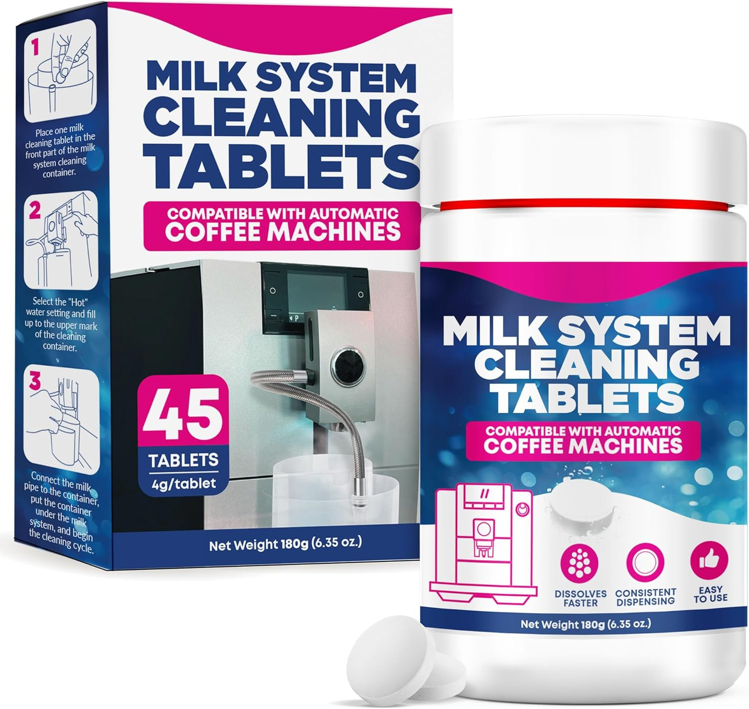 [45 Count, 180G Bottle] Milk System Cleaning Tablets for Automatic Coffee Machin