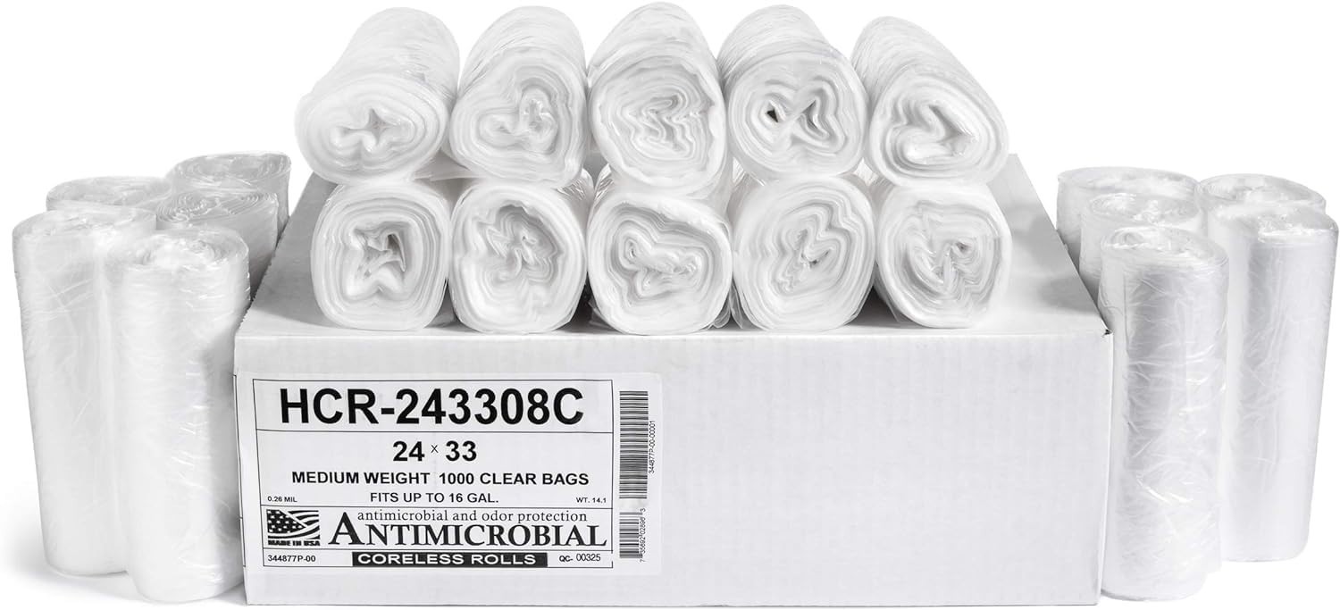 High Density Trash Bags, 16 Gallon, 1000 Count, 8 Micron (Eq), 24″ X 33″, Clear,