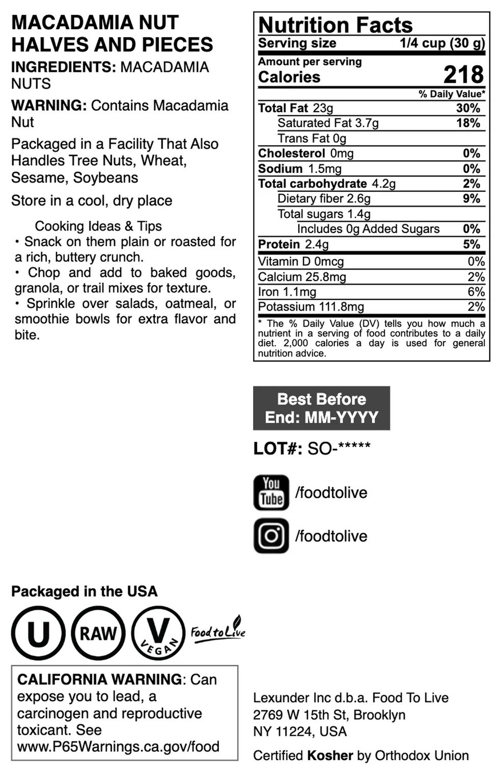 Macadamia Nut Pieces – Kosher, Raw, Vegan – by Food to Live