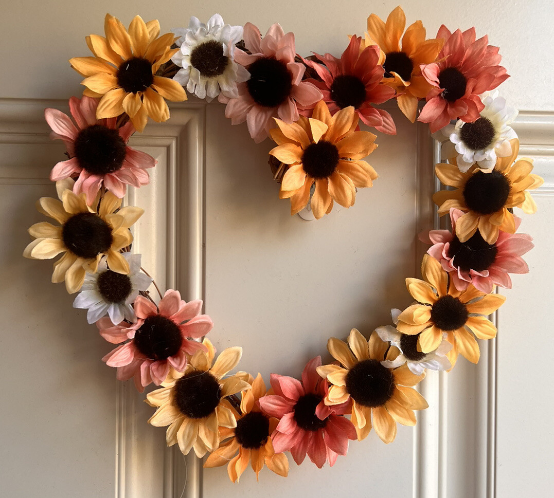 Heart Shape Grapevine Flower Wreath Sunflower Fall Spring Summer