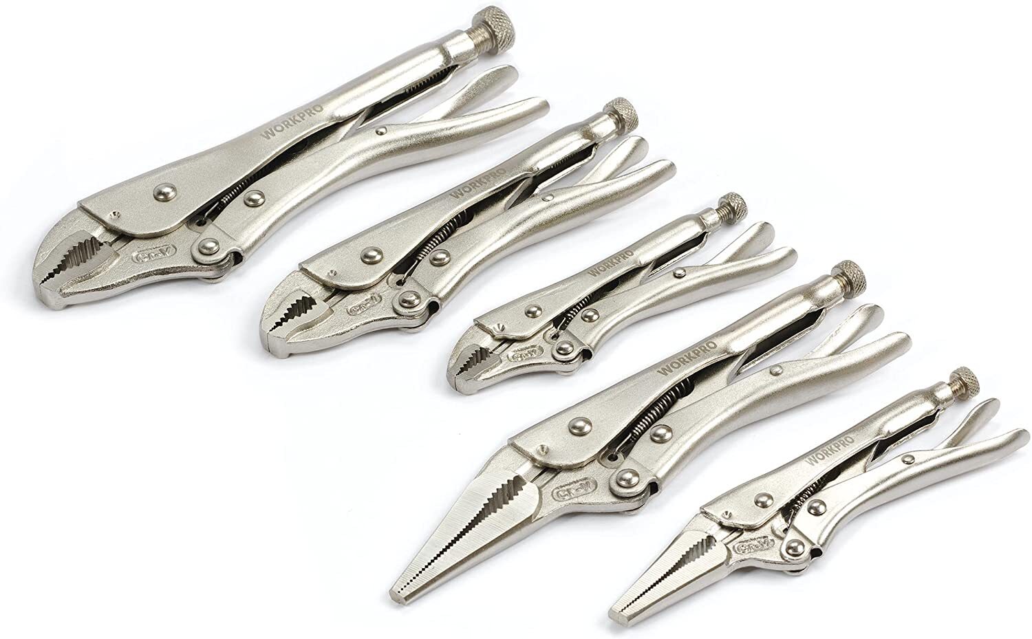 WORKPRO 5PC Locking Pliers Set 6.5/9″ Long Nose Pliers 5/7/10″ Curved Jaw Pliers