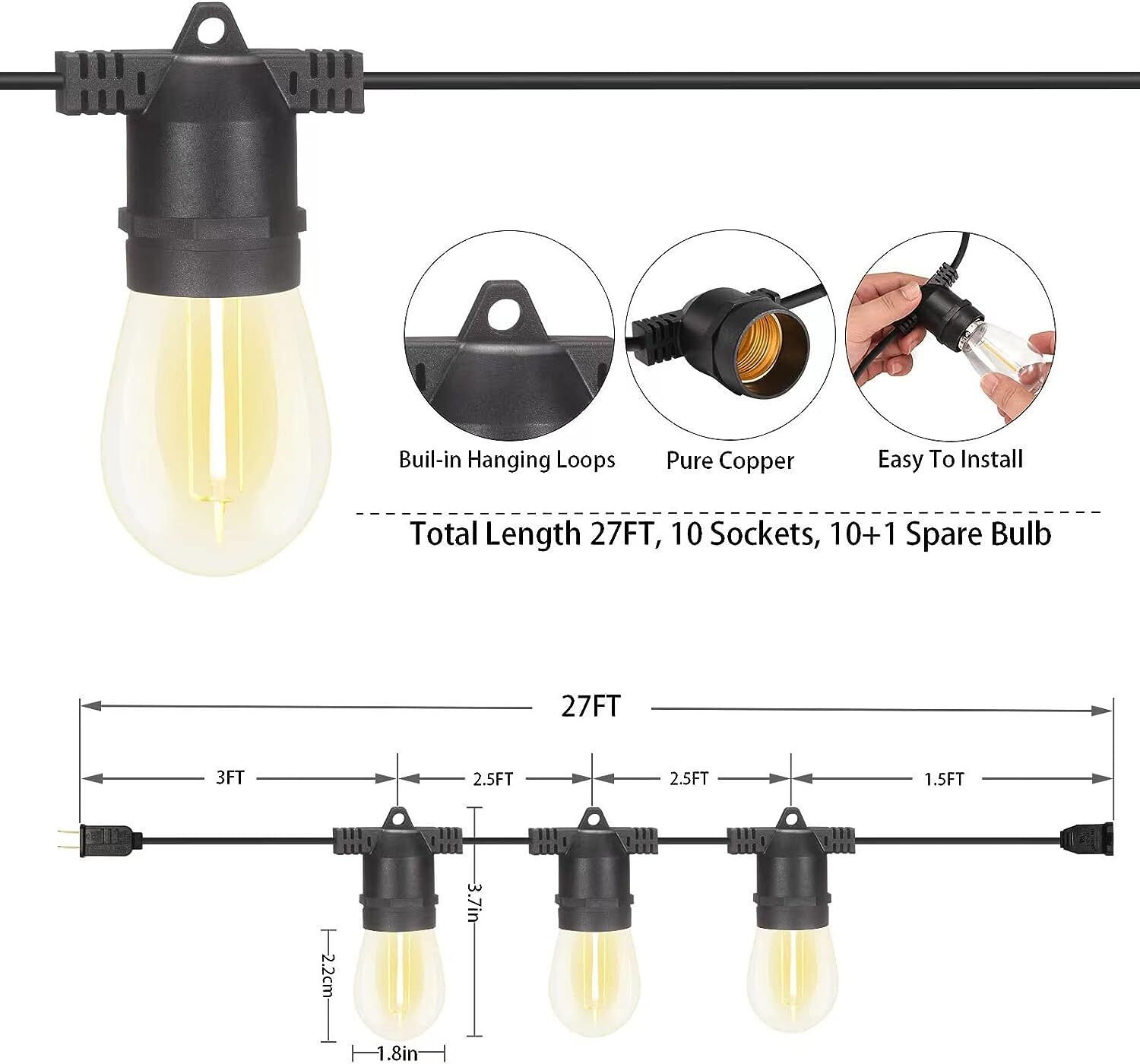 27ft String Lights S14 LED Shatterproof IP65 Warm for Outdoor Garden Patio Yard
