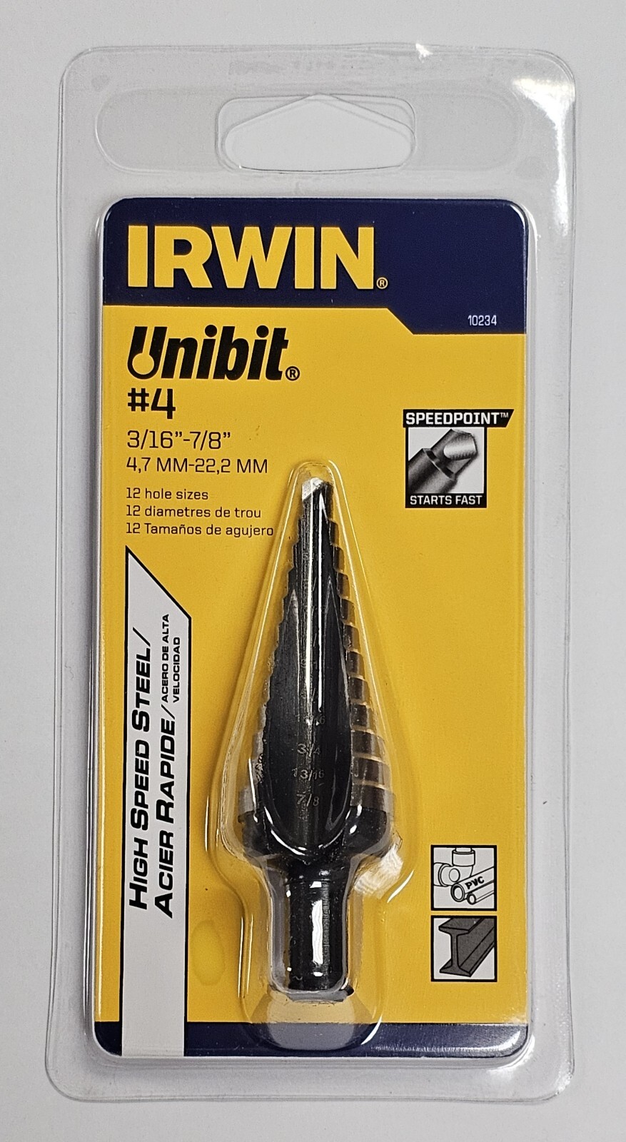 Irwin 10234 #4 Unibit Step Drill Bit, 7/8″ 22.2mm, Speed Point HSS USA New