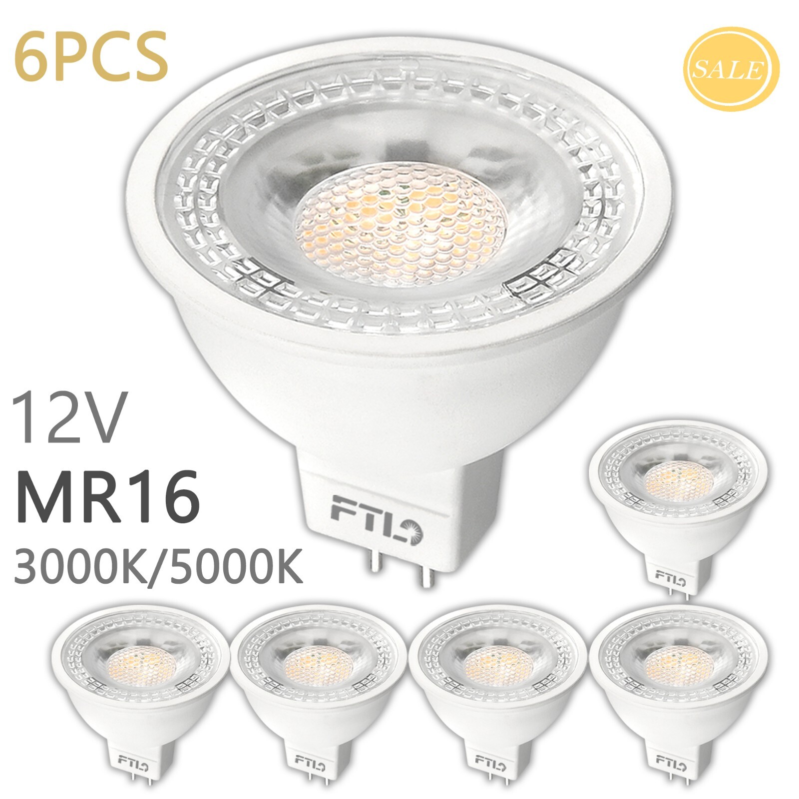 FTL 6-Pack MR16 LED Bulbs 12V GU5.3 5W 3000K/5000K 50W Equivalent Non-Dimmable
