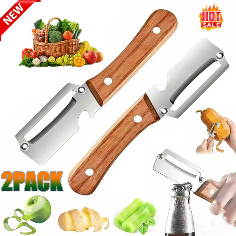 2 Pack 2 in 1 Multi Functional Vegetable Peeler with Bottle Opener and Wooden Ha