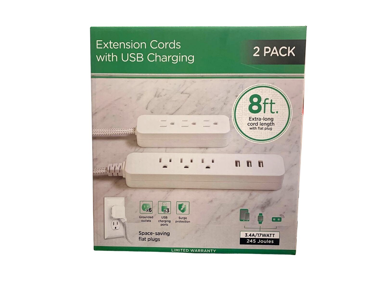 Jasco Extension Cords w/USB Charging 2Pk 8ft Cord 3 USB Charging Ports Flat Plug