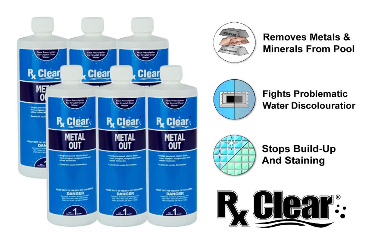 Rx Clear Swimming Pool & Spa Metal Out Chemical 1 Quart Bottle – 6 Pack