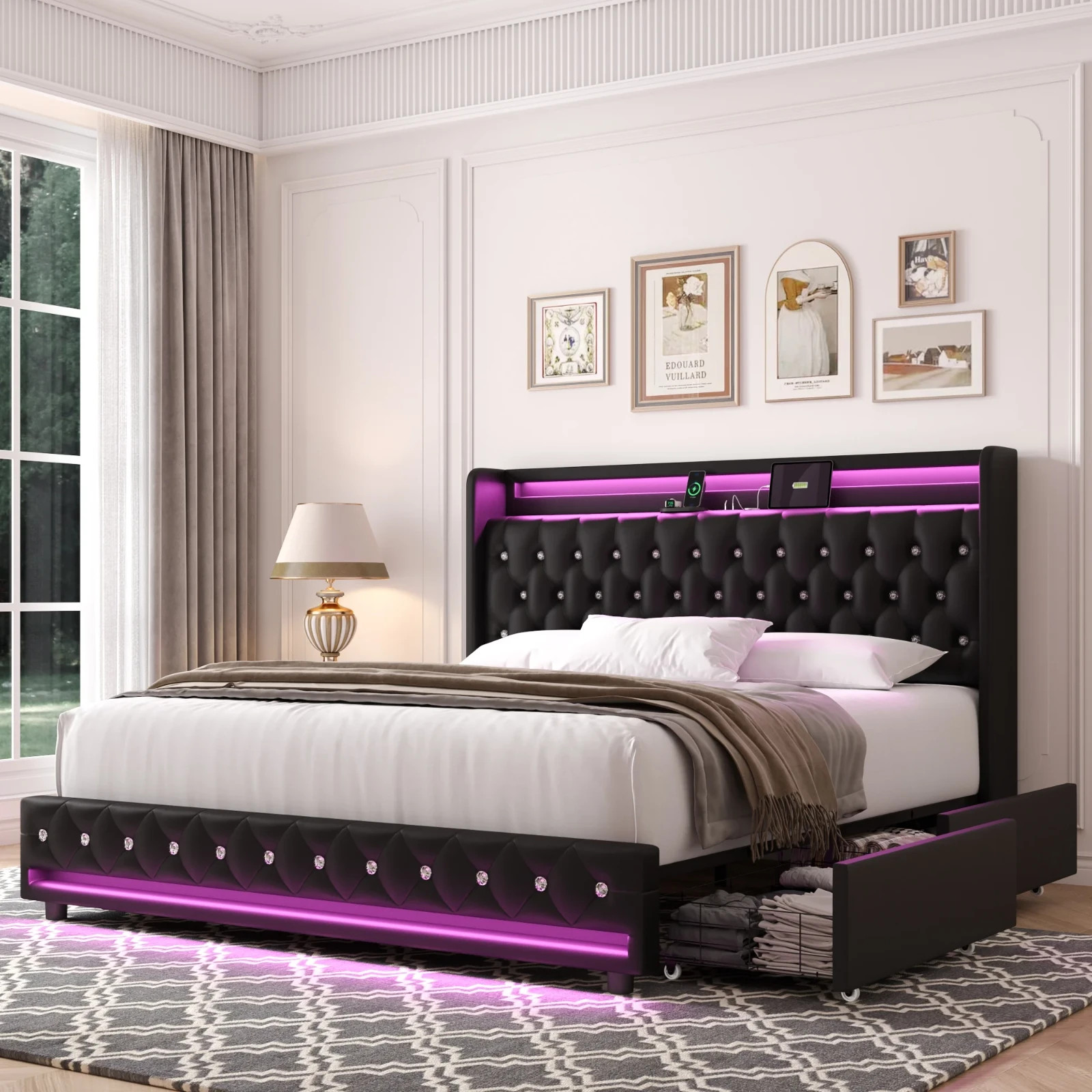 Marco De Cama Plataforma Queen Con Almacenaje Cabecera Tapizada Cuero PU LED Luz