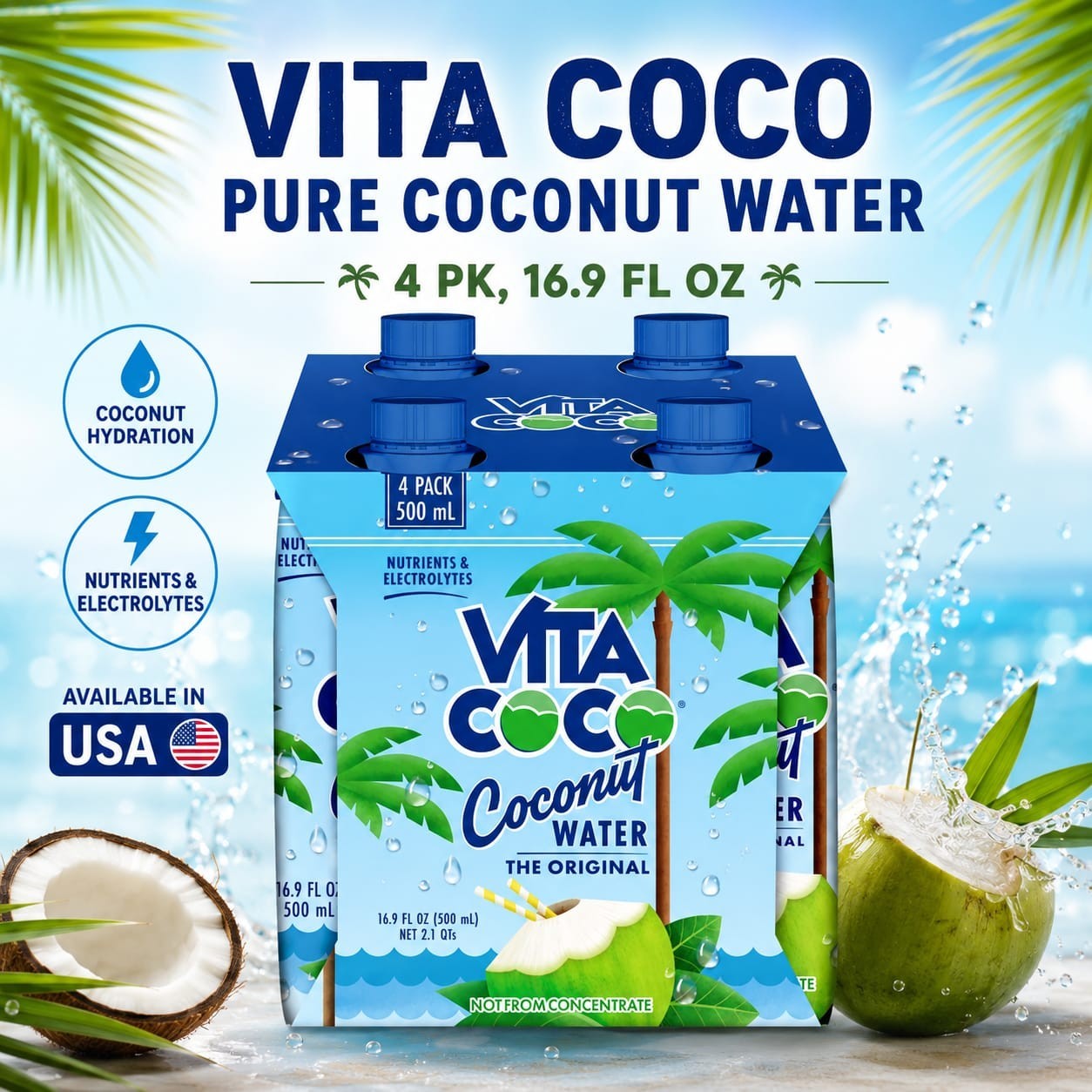 Vita Coco Pure Coconut Water – 4 PK, 16.9 FL OZ.