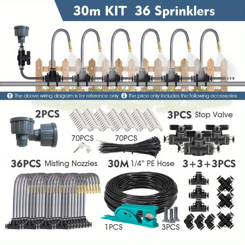 30m 1/4″ 4/6mm Misting Cooling System 360°Free-bend Atomization Sprayer Garden