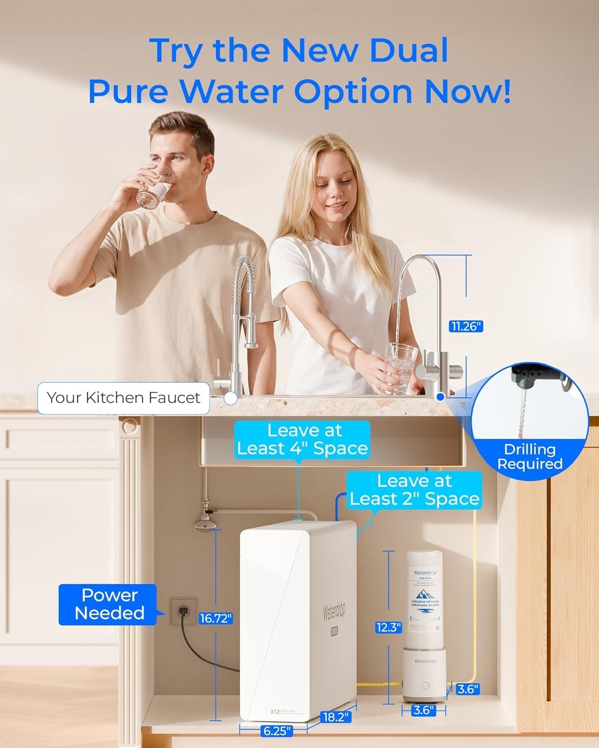 Waterdrop X12-Plus Dual Flow Reverse Osmosis Water Filter, Alkaline Mineral pH+
