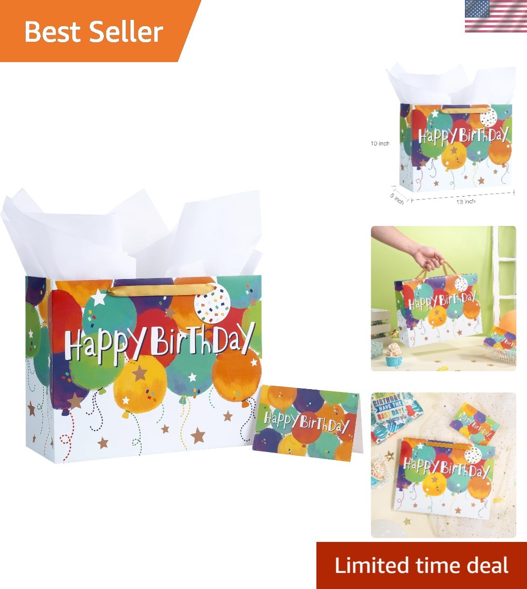 Cute Balloons Pattern Birthday Gift Bag – 13x5x10 in, Ideal for Kids’ Parties