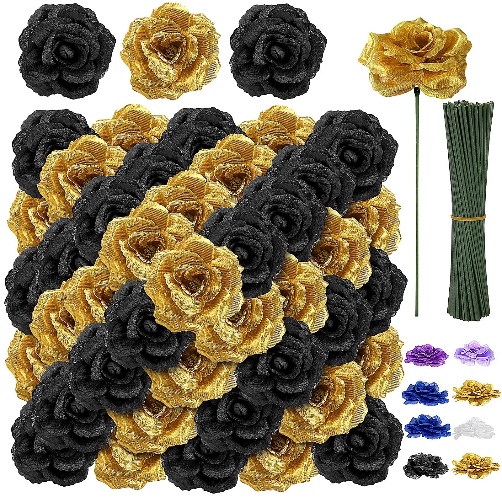 108 Black & Gold Rose Heads w/ Stems – Graduation Wedding Artificial Flowers