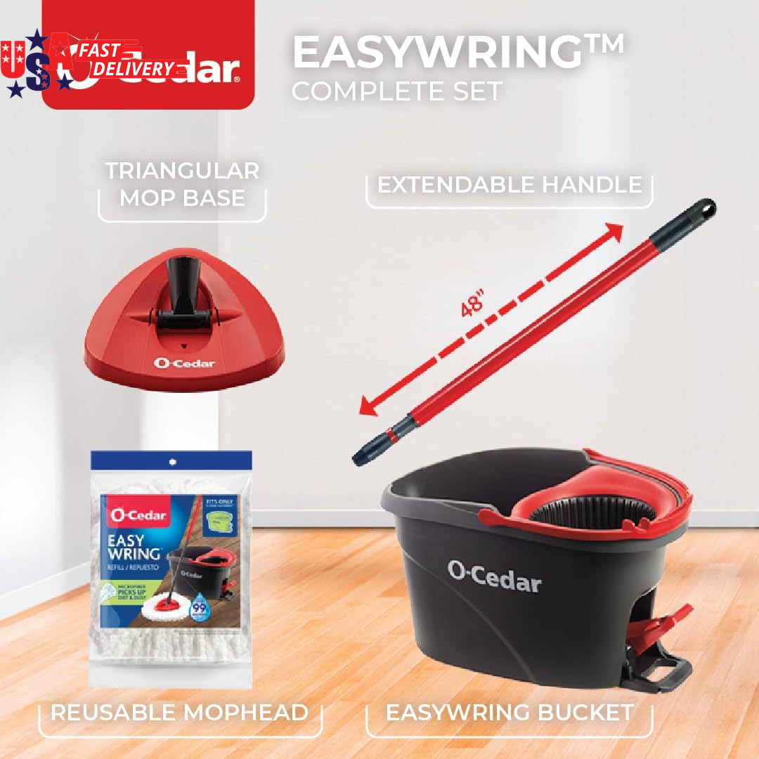 O-Cedar Easywring Microfiber Spin Mop, Bucket Floor Cleaning System, Red, Gray,