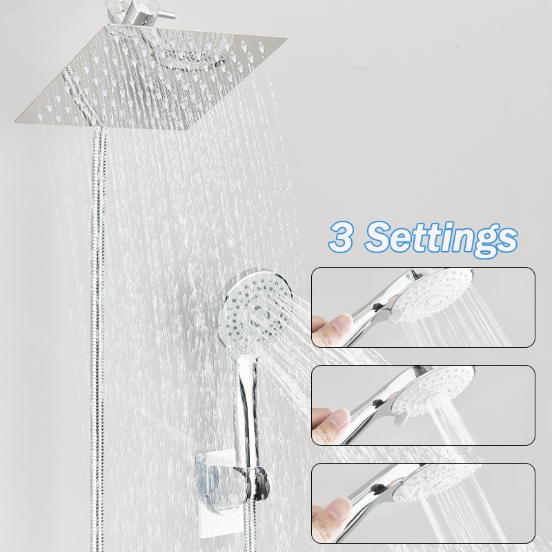 8”Chrome High Pressure Rainfall Shower Head Combo with 3 Setting Handheld Spray