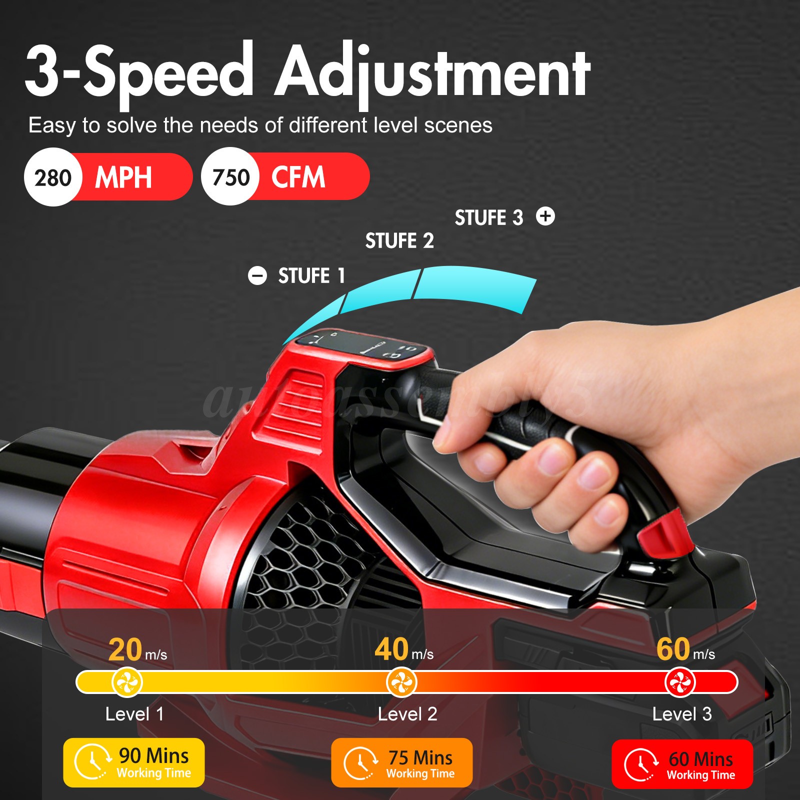 3-Speed Leaf Blower & Turbo Function,650CFM/280MPH Electric Cordless Leaf Blower