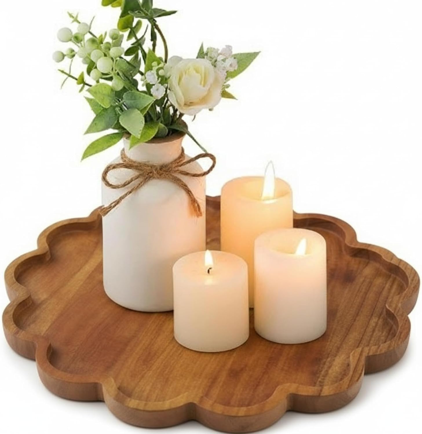 Brown Decorative Serving Tray Wood 12.6 Inch Scalloped Serving Tray round Wooden