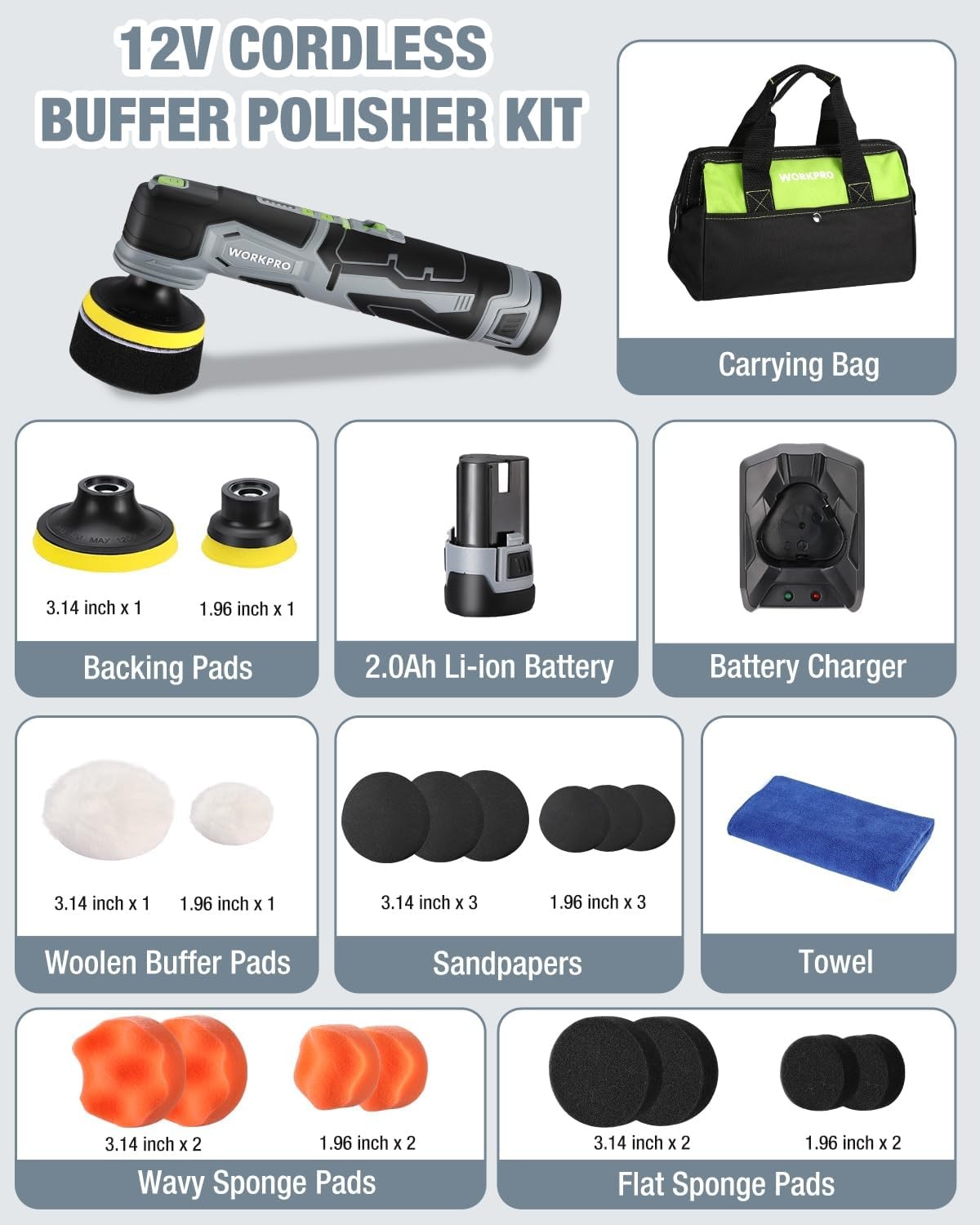 WORKPRO 12V Cordless Mini Buffer Polisher 5 Variable Speed Up to 3000RPM Battery
