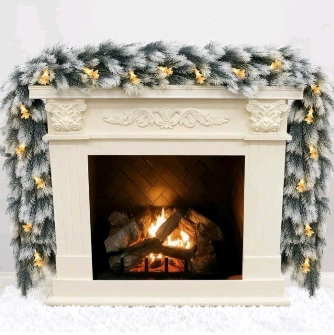 9-Ft Battery Operated Lighted Christmas Garland w White Tips, Indoor Outdoor