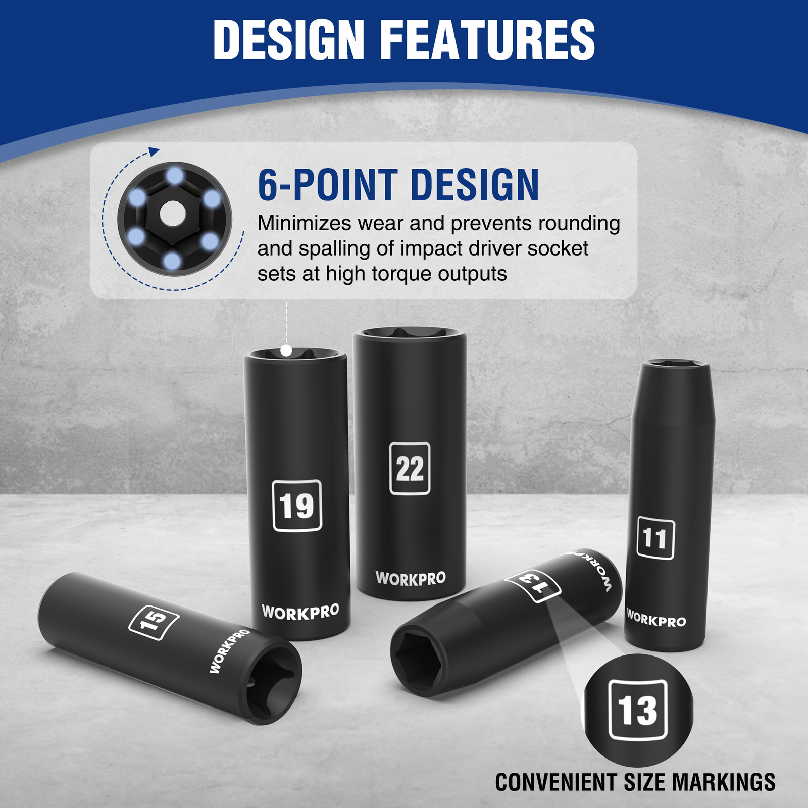 WORKPRO 1/2”Drive Deep Impact Socket Set 6-Point Impact Deep w/Storage Case14pc