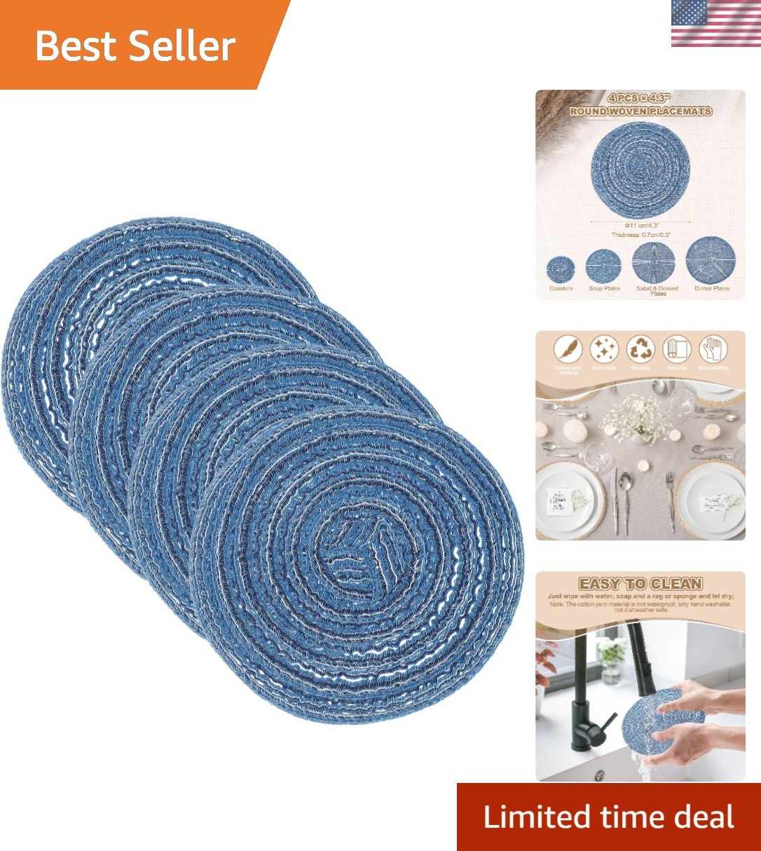 Set of 4 Round Braided Placemats – 4.3 Inch Washable Polyester for Dining