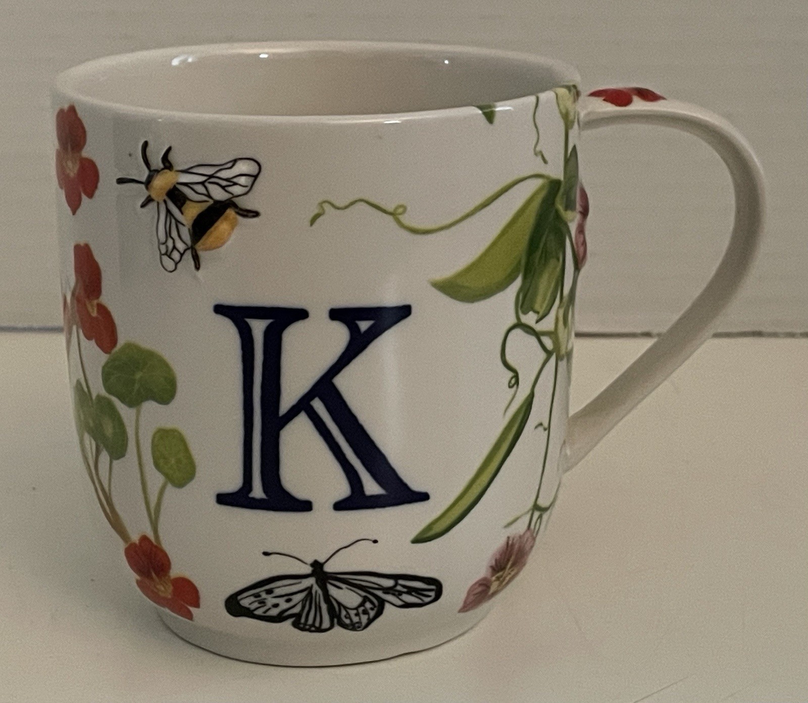 Anthropologie Monarch Monogram Mug “K” Raised Bees Floral, 14 oz, Colorful!