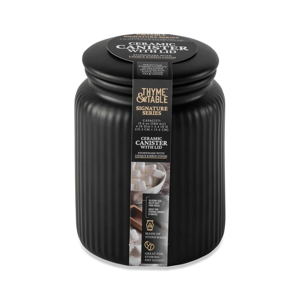 Small 580mL Ceramic Ribbed Storage Jar Black Kitchen Canister Organizer