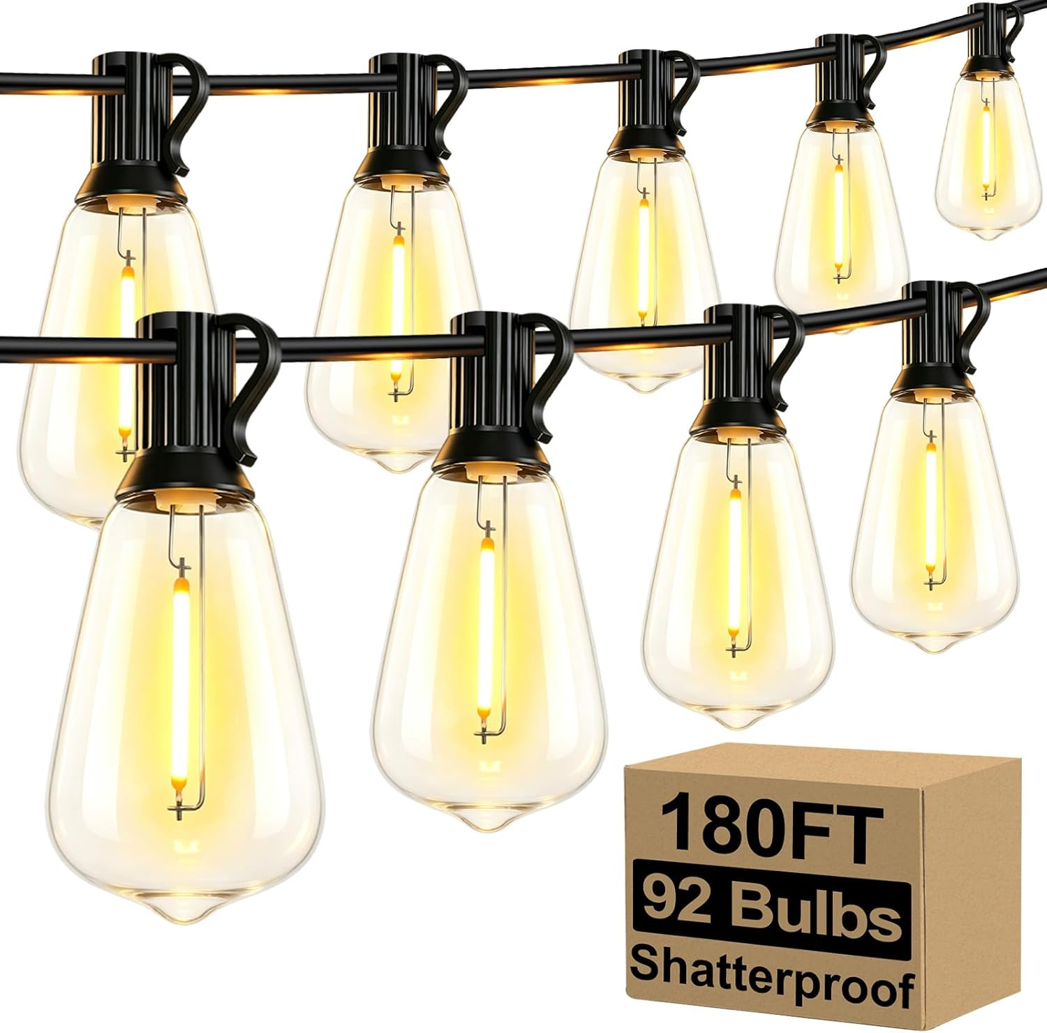 LED Outdoor String Lights 100FT Patio Lights with 52 Shatterproof ST38 Vintage E
