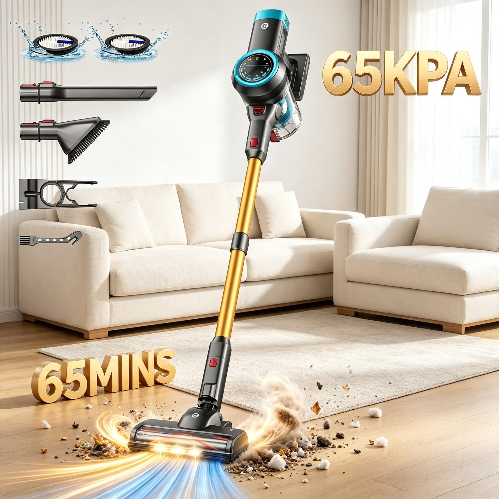 Cordless Vacuum Cleaner 65KPa 60min Stick for Carpet Hardwood Wooden Floor Hair