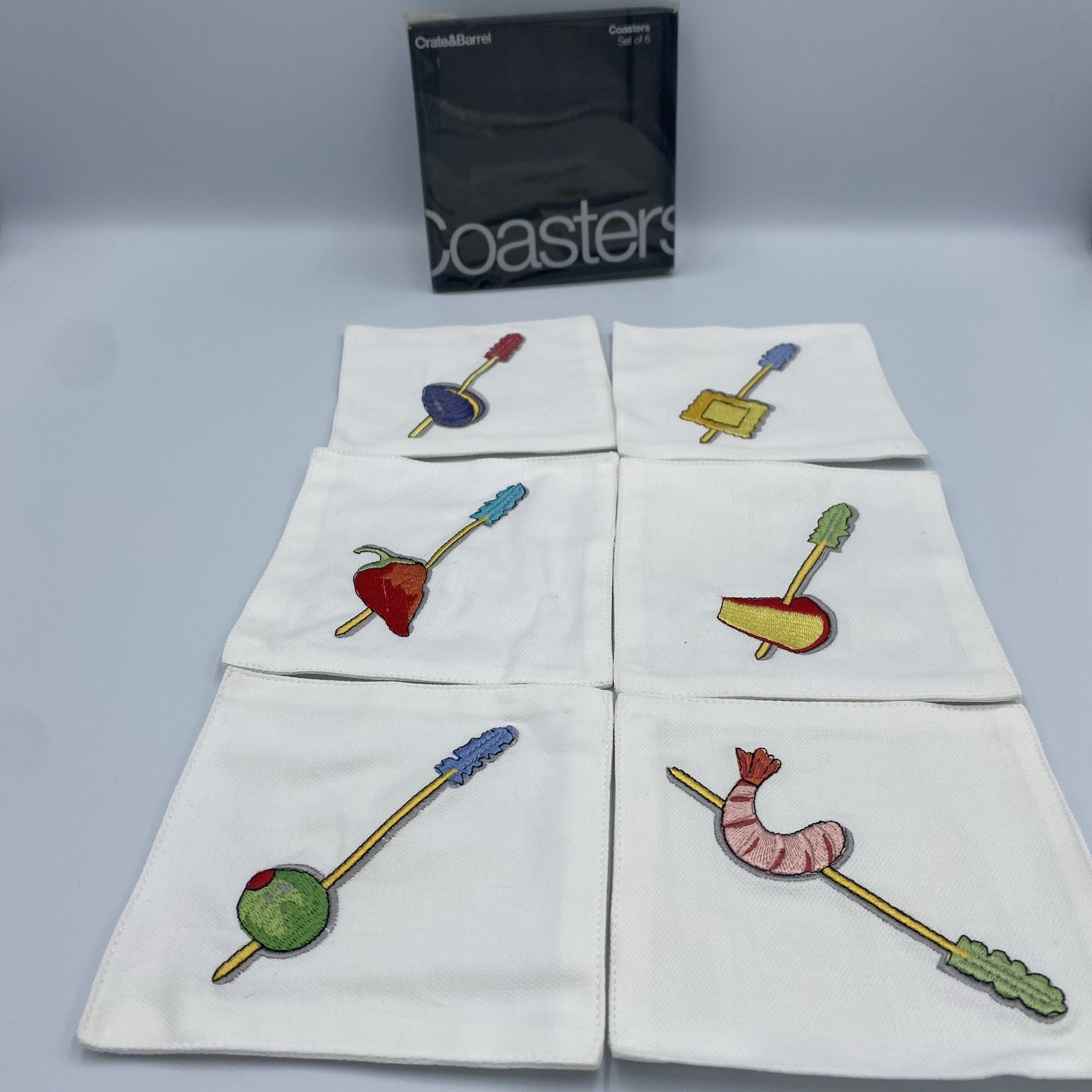Crate & Barrel Tidbits Appetizer Coasters Cotton Embroidered Set 6 Fruit Cheese