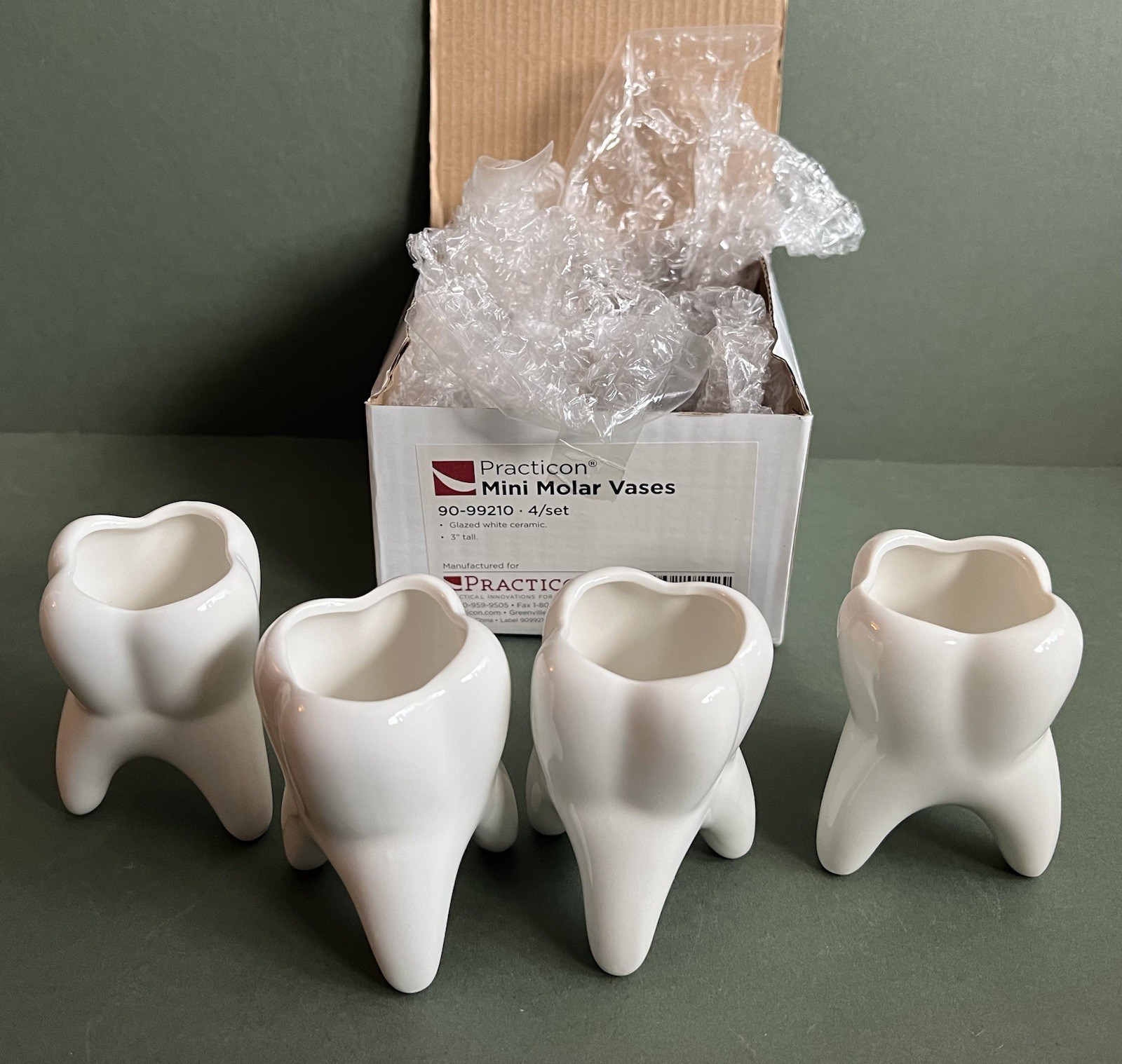 Set of 4 Practicon Mini Molar Vases Glazed White Ceramic 3” Tall 90-99210 NOSWB