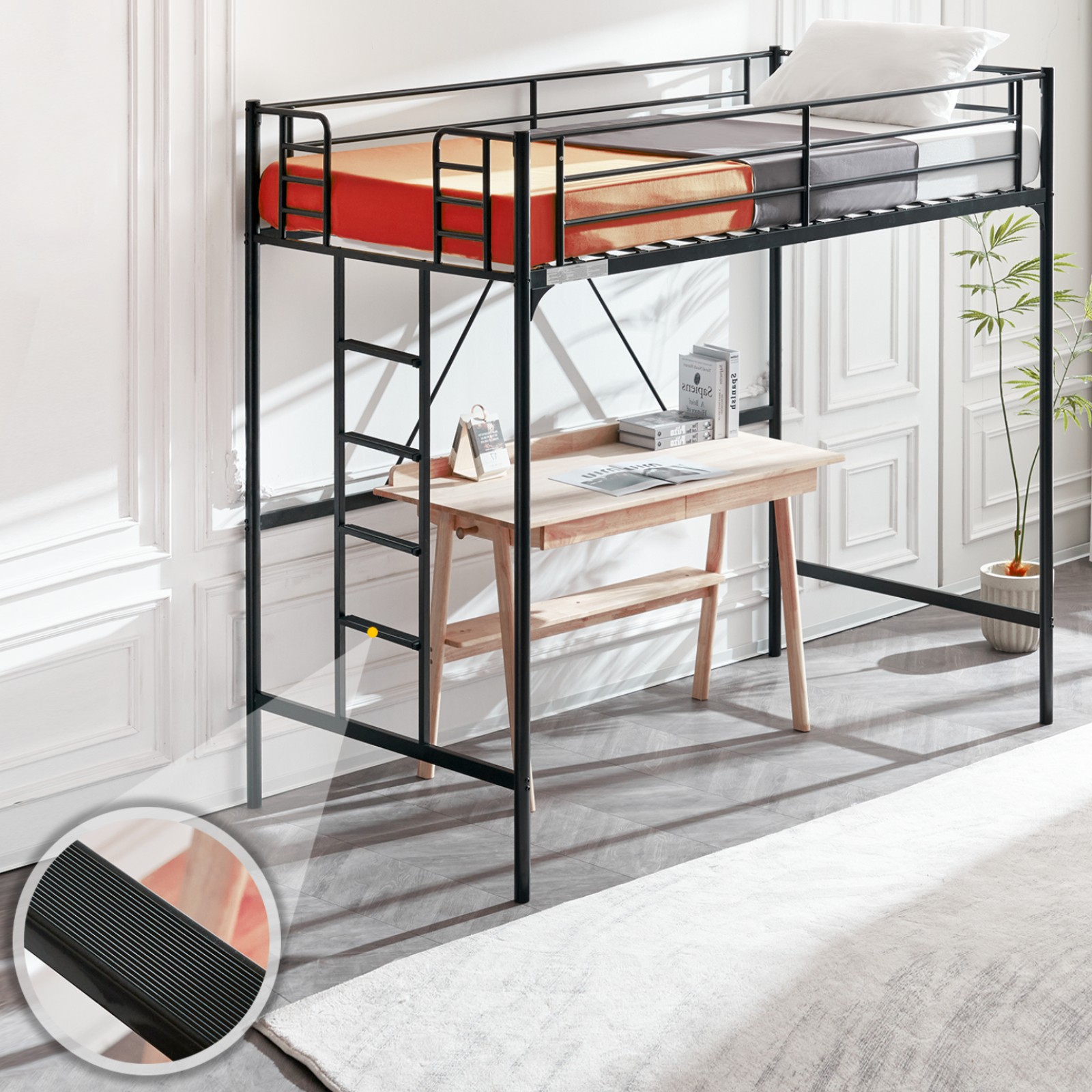 Twin Size Loft Bed with Removable Ladder High Guardrail Metal Frame for Teens