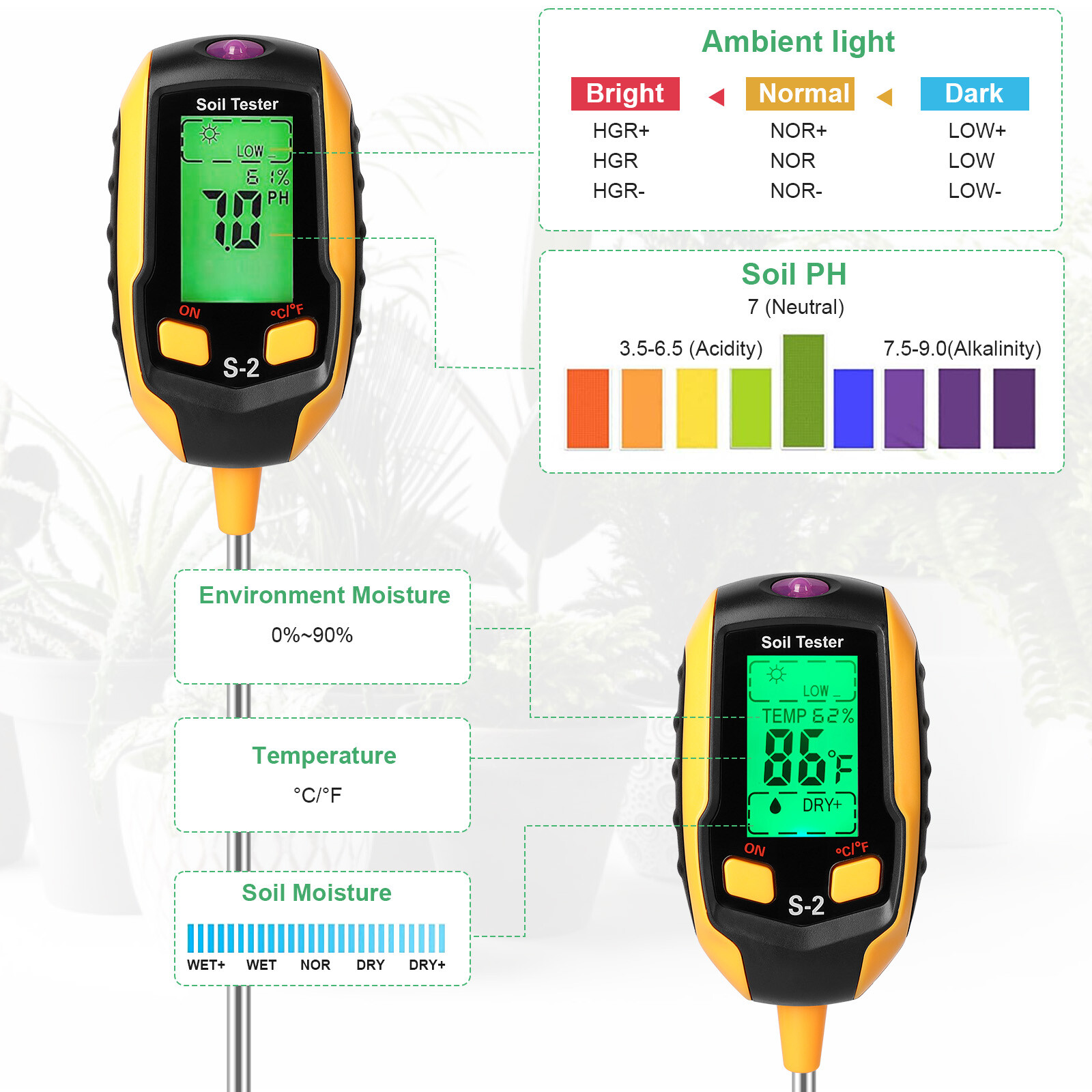 5 in 1 LCD Digital Soil PH Meter Tester Moisture Humidity LED Light Garden Plant