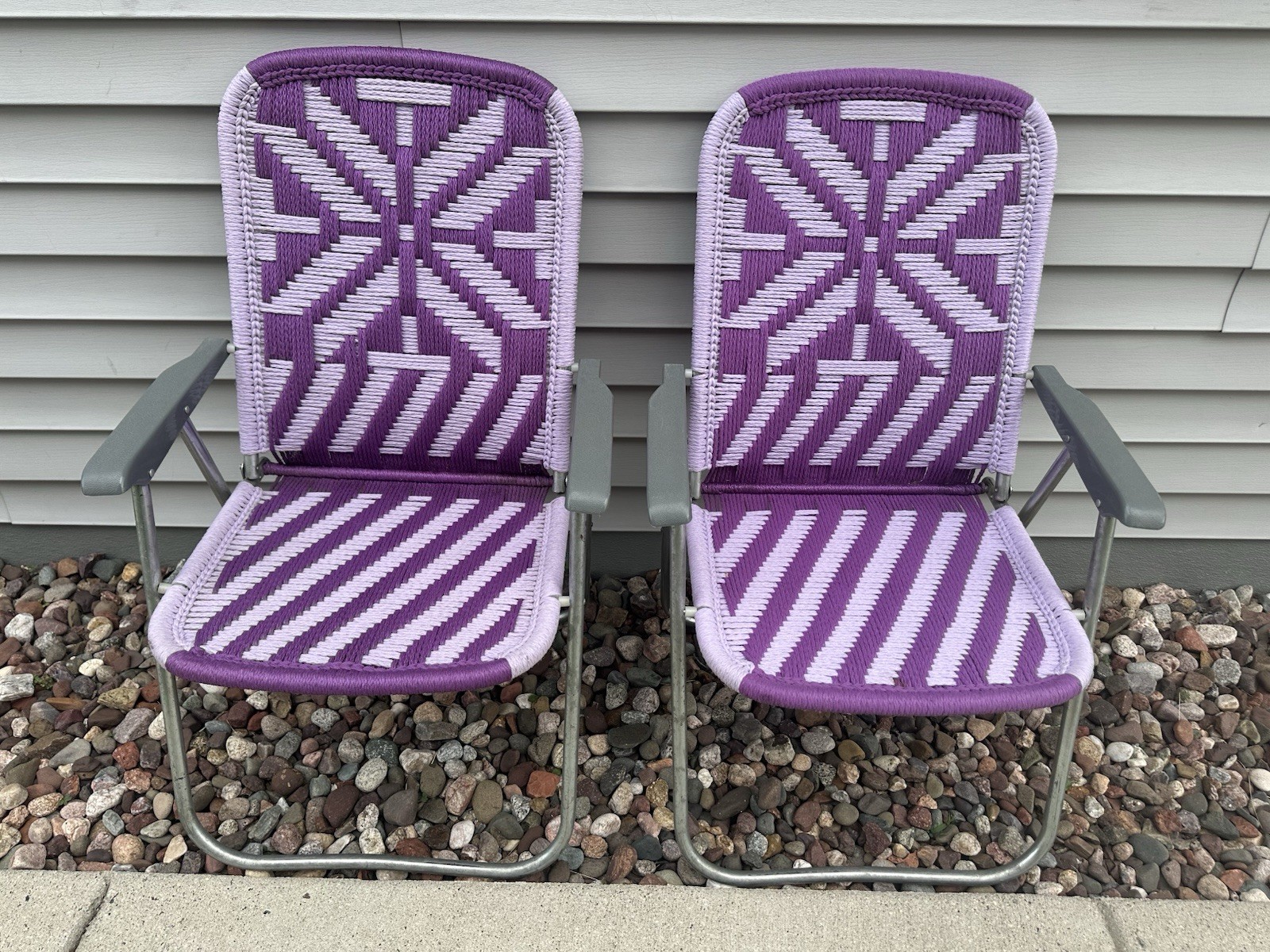 Macrame Lawn Chair Pair Purple Woven Folding Aluminum Plastic Arm Rest Vintage