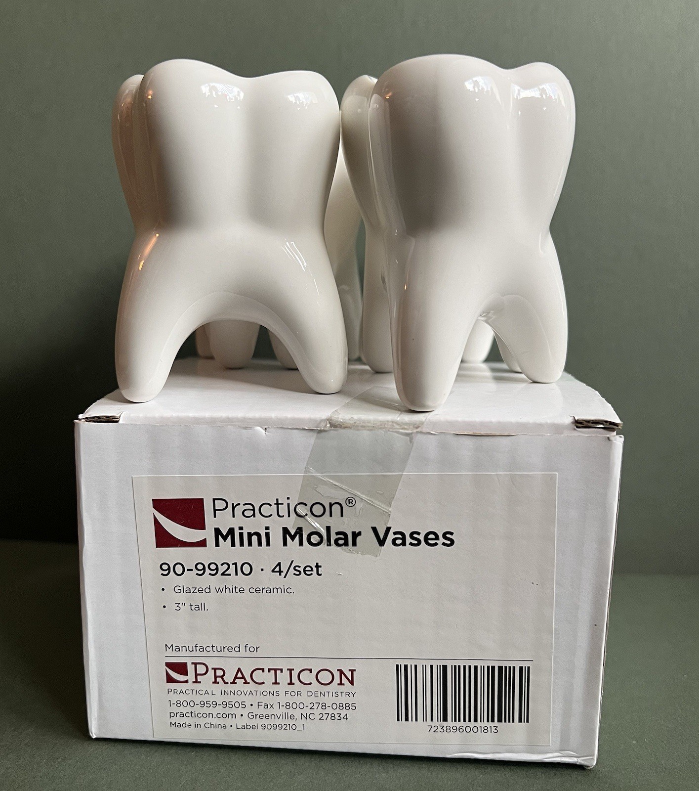 Set of 4 Practicon Mini Molar Vases Glazed White Ceramic 3” Tall 90-99210 NOSWB