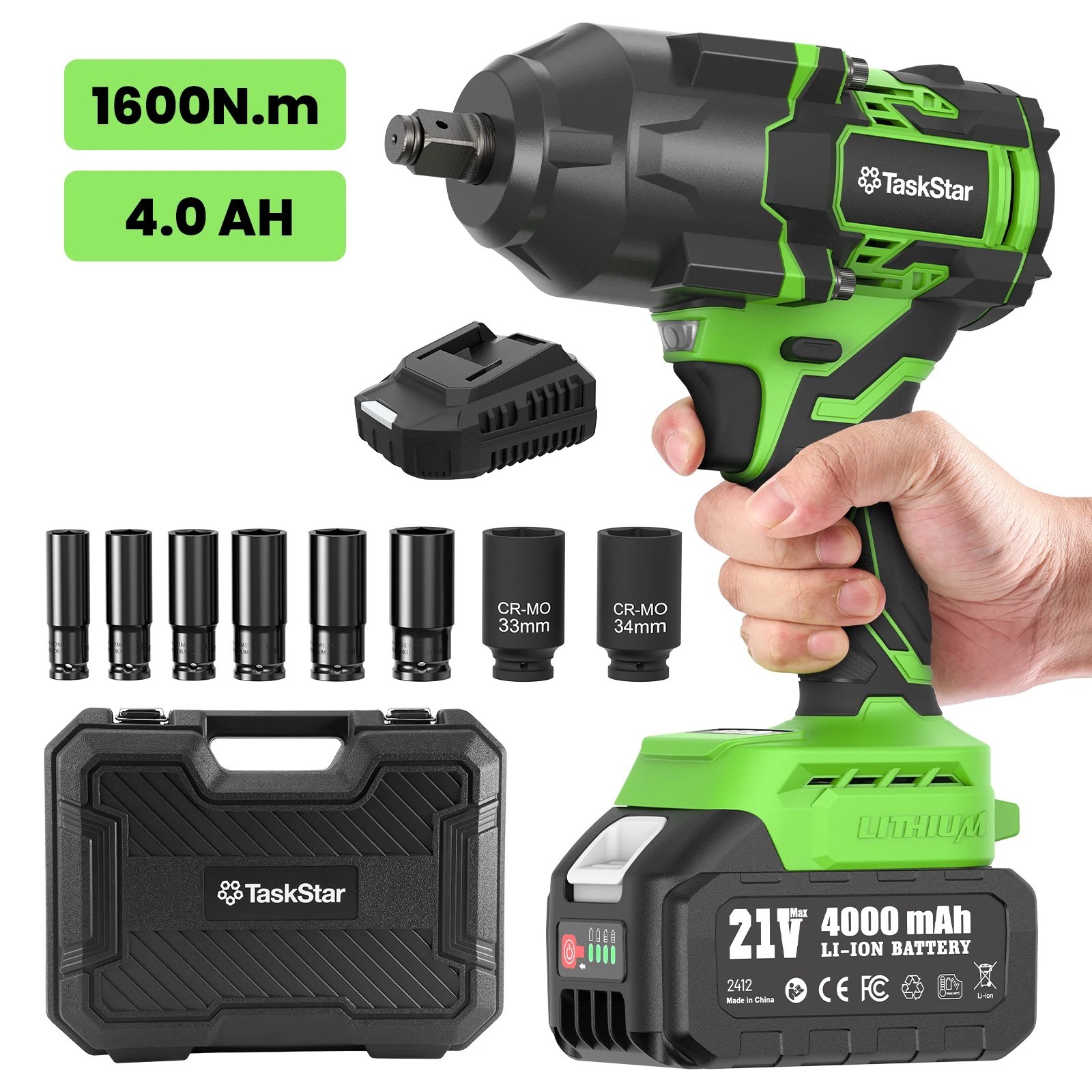 TaskStar 1180 Ft-lbs(1600 N.m) 1/2 inch Cordless Impact Wrench 4000mah Battery