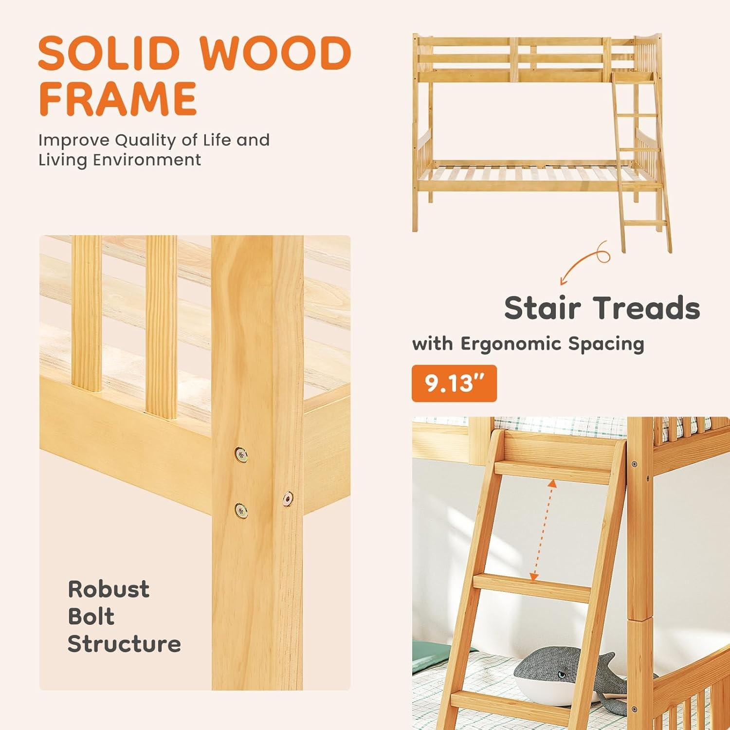 Loft Bunk Bed Twin Over Twin Solid Wood Frame with Slats Bunk Beds with Ladder