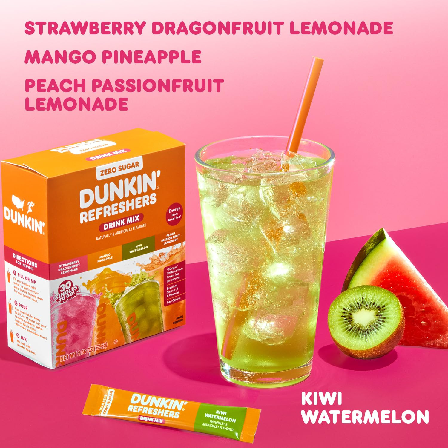 Dunkin’ Zero Sugar Refreshers Powdered Drink Mix Packets, 30 Ct Variety Pack, 3