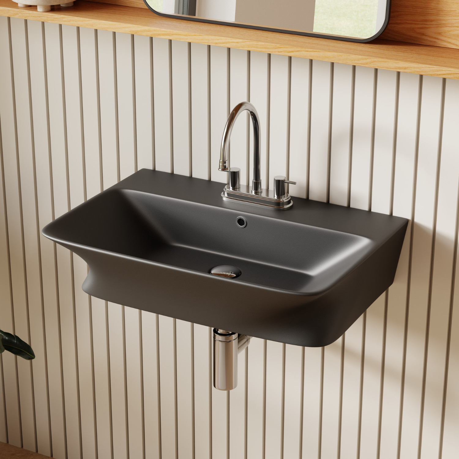 24″ Matte Black Wall Mount Bathroom Sink 4″ Centerset with Overflow & 3 Holes