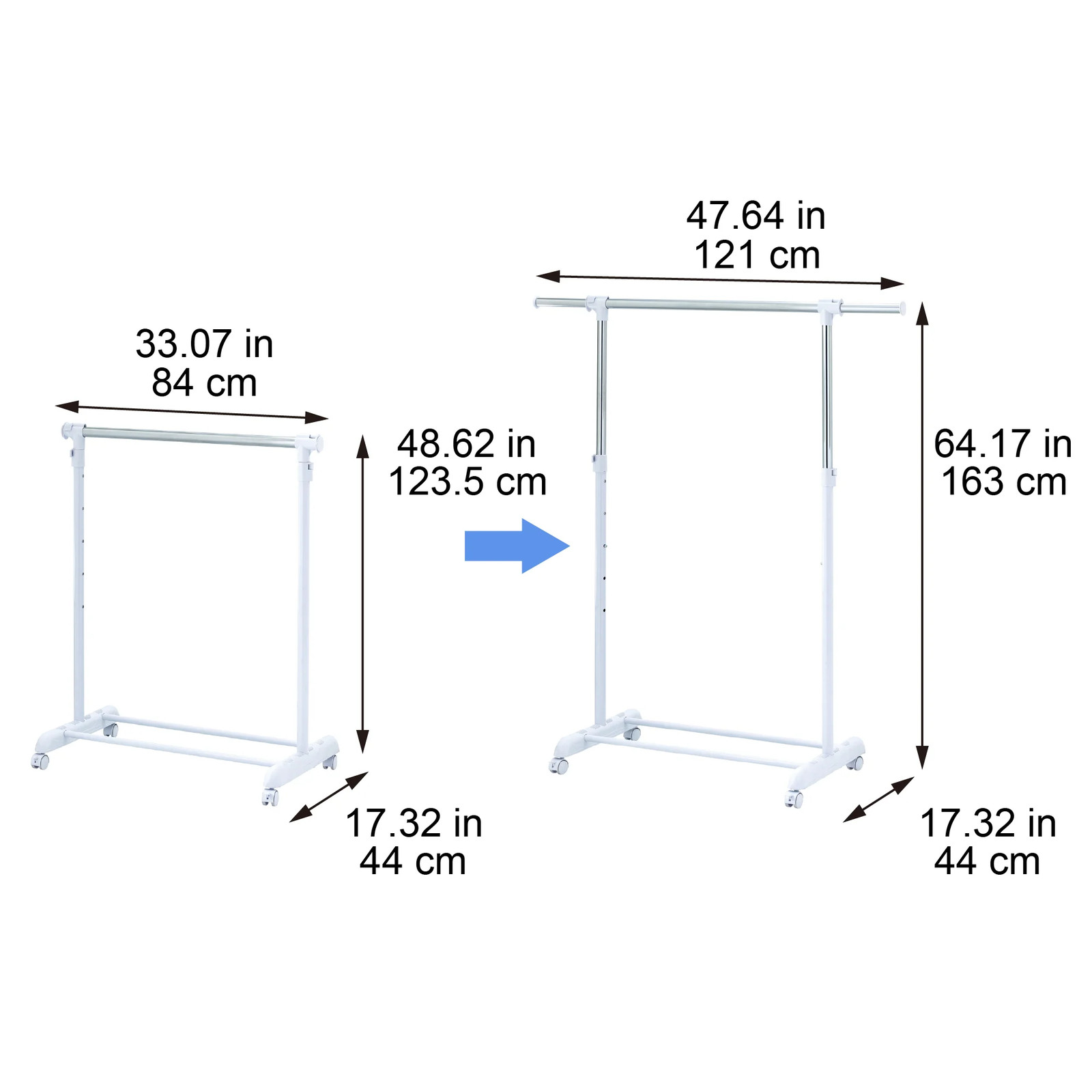 Adjustable Metal Rolling Garment Clothes Rack, Chrome & White