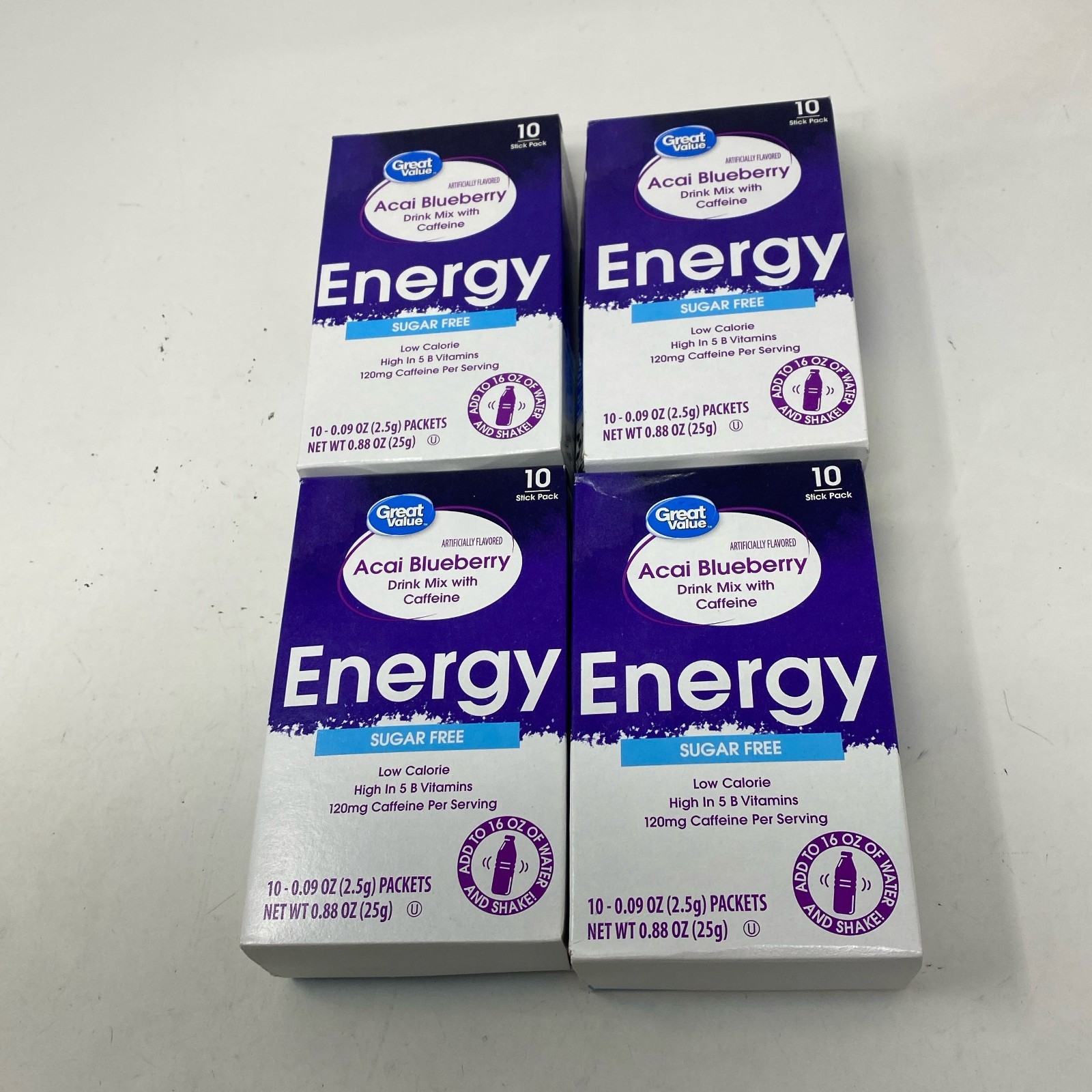 Great Value Energy Acai Blueberry 10ct x4 Drink Mix Sugar Free 120mg