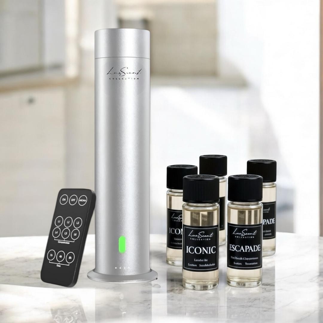 AROMA Mini Diffuser 1200 Sqft. SILVER W/ 5 PREMIUM Scents 20ml Hotel Collection