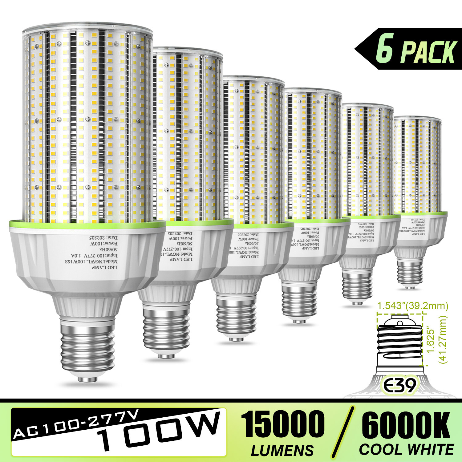 6 Pack 400W Equivalent 15000LM LED Corn Light Bulb 100W E39 Base High Bay Lights