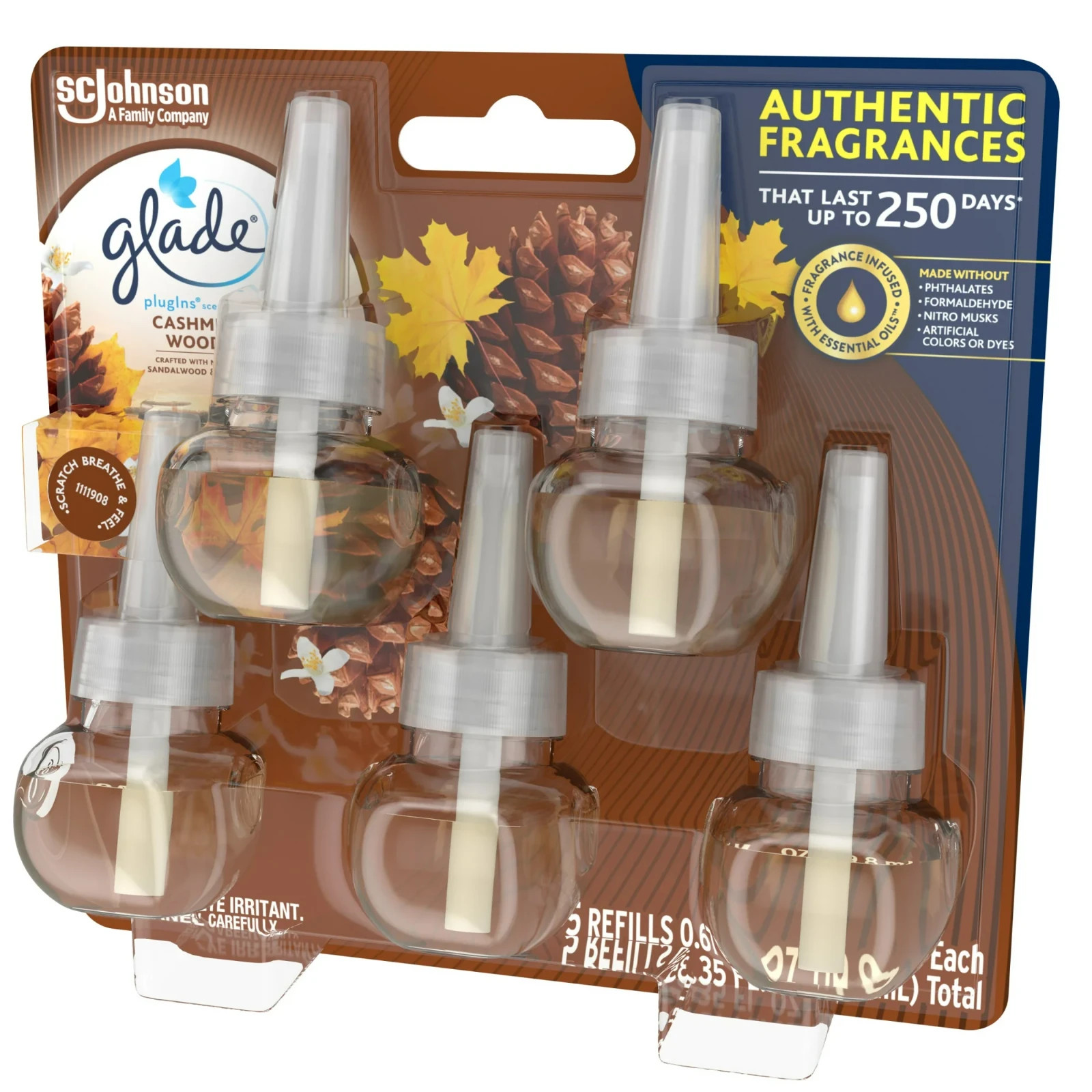 Glade PlugIns Refill 5 Count, Cashmere Woods, 3.35 FL. oz. Total, Stocking Stuff