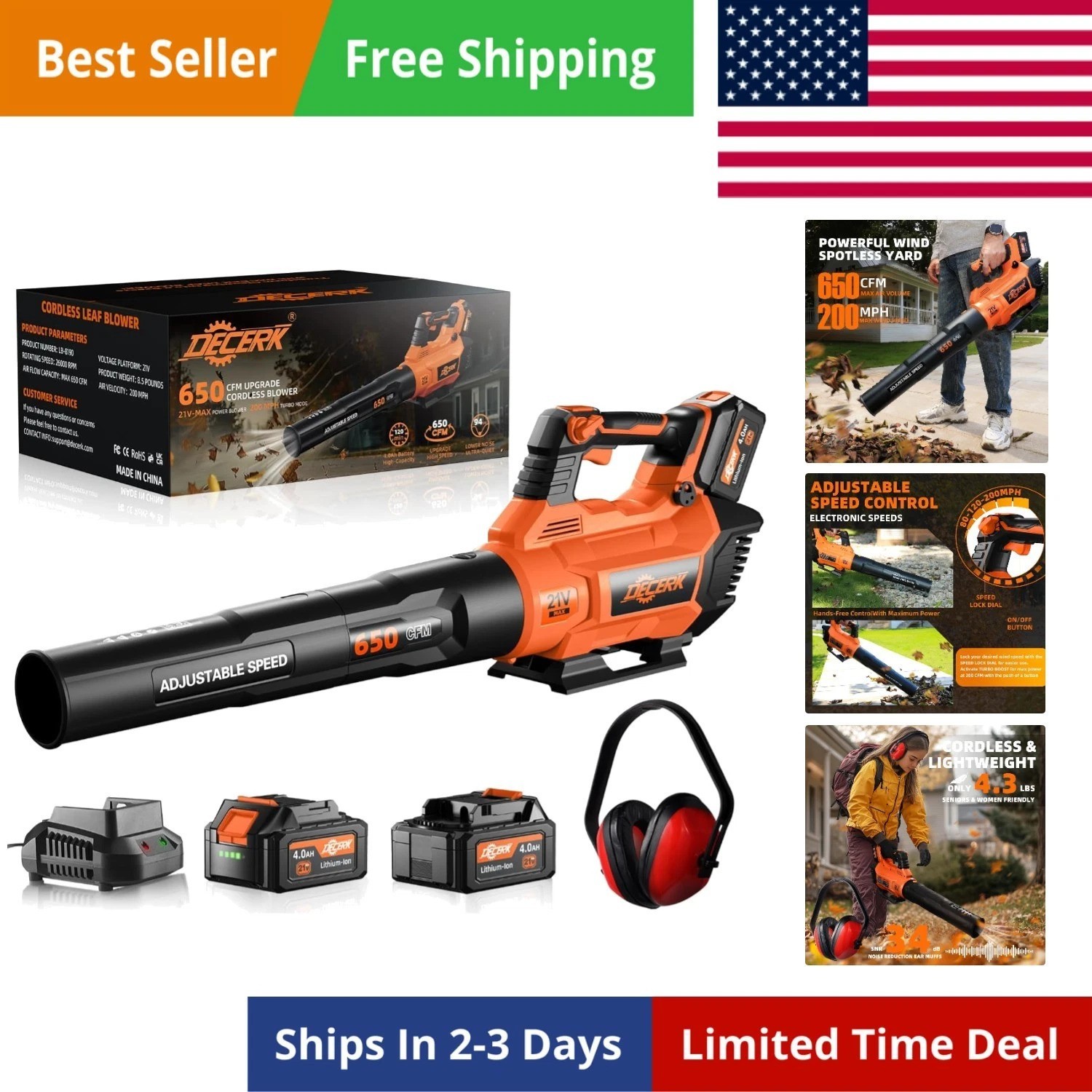 21V Leaf Blower Cordless, Electric Snow Blowers with 2X 4.0Ah Battery, Lightw…