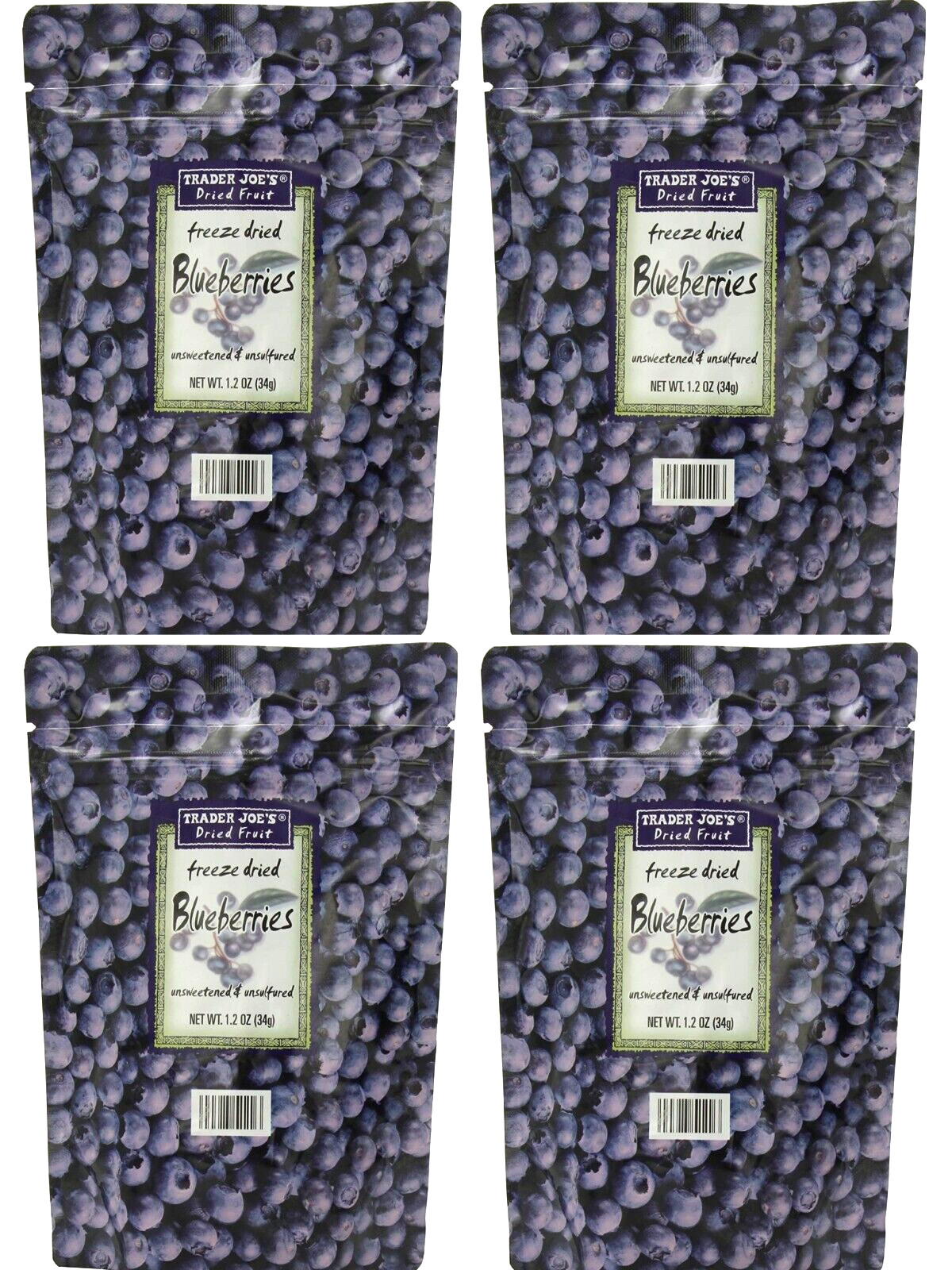 4 Packs Trader Joe’s Freeze Dried Blueberries Unsweetened Unsulfured 1.2 oz Each