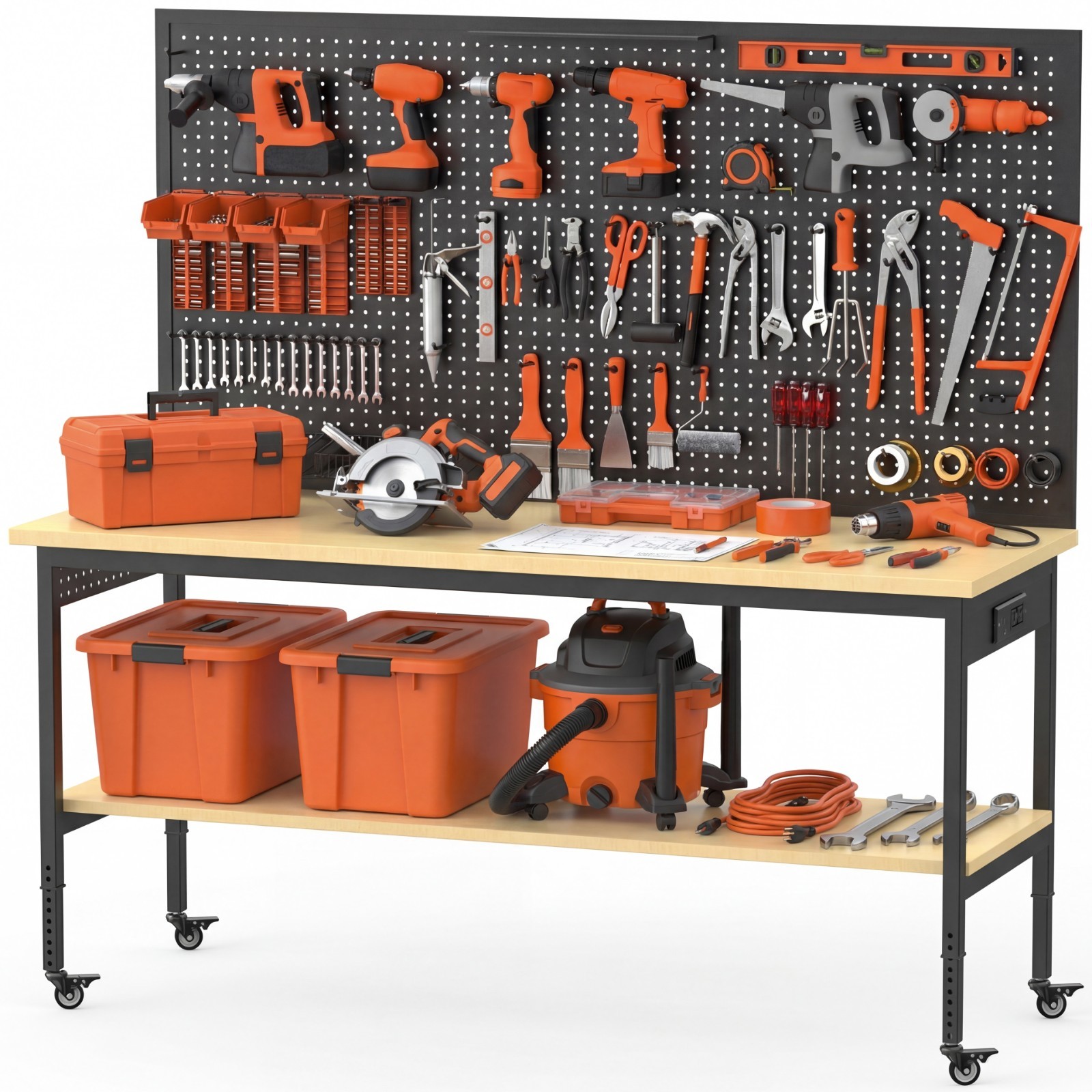 60″ Garage Workbench 2000LBS w/ Pegboard LED Light Adjustable Rolling Table