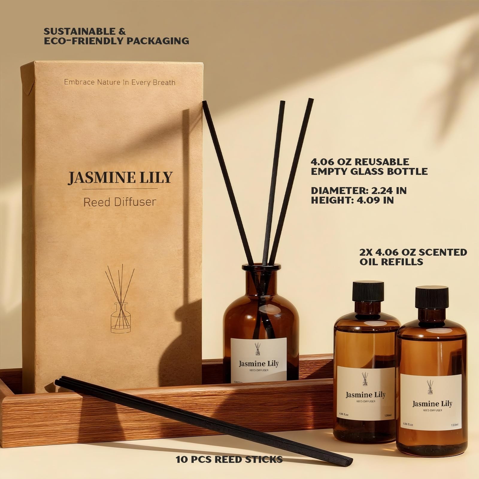 Reed Diffuser Set, 8.12 fl.oz Jasmine Lily Scented Diffuser with 10 Reed Stic…