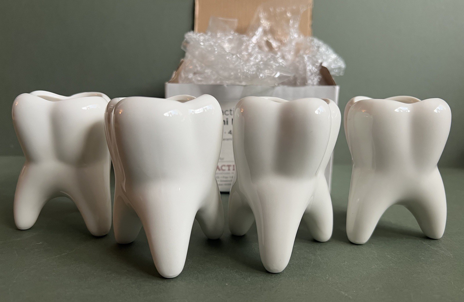 Set of 4 Practicon Mini Molar Vases Glazed White Ceramic 3” Tall 90-99210 NOSWB