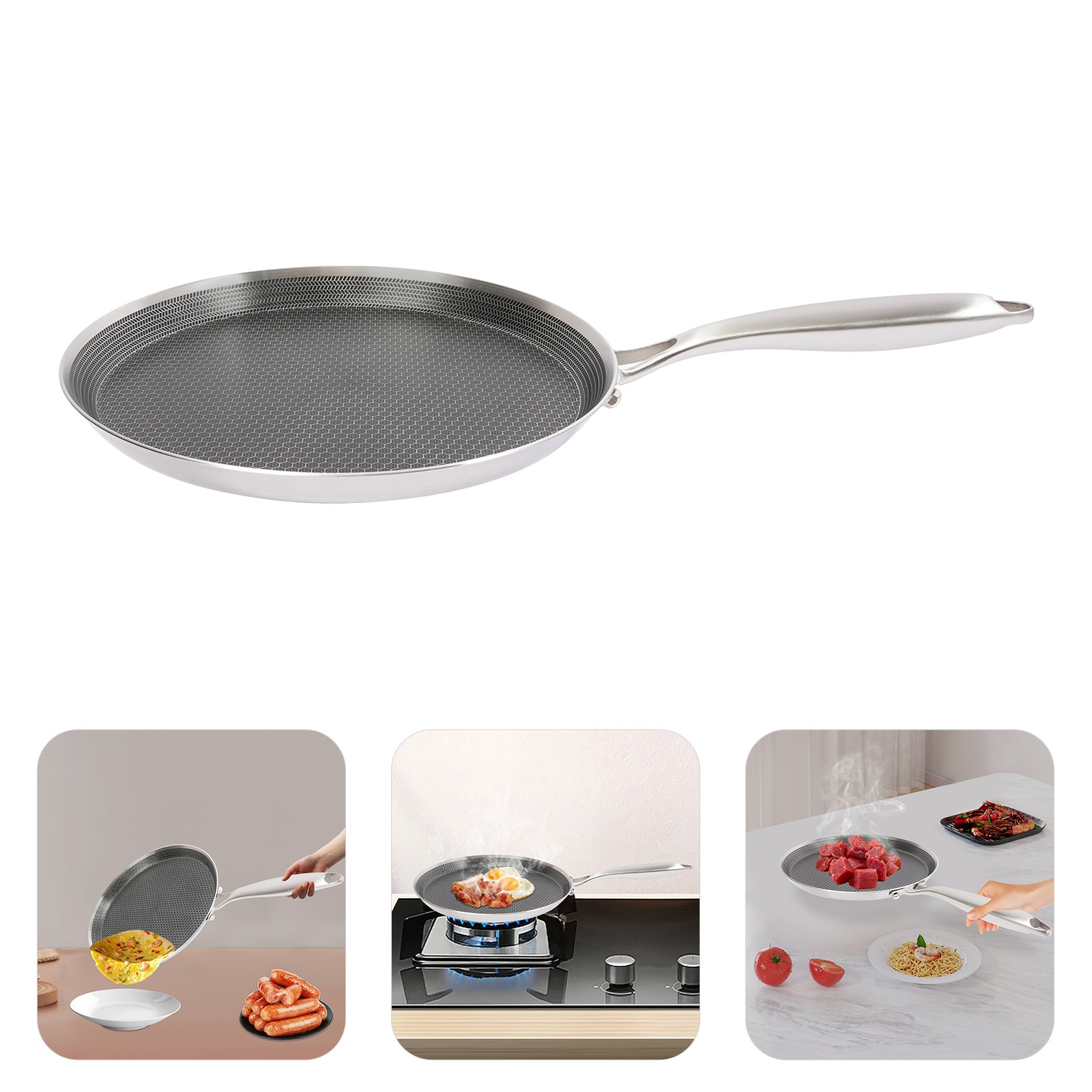 Stainless Steel Crepe Pan with Honeycomb Design, Ideal for Pancakes & More